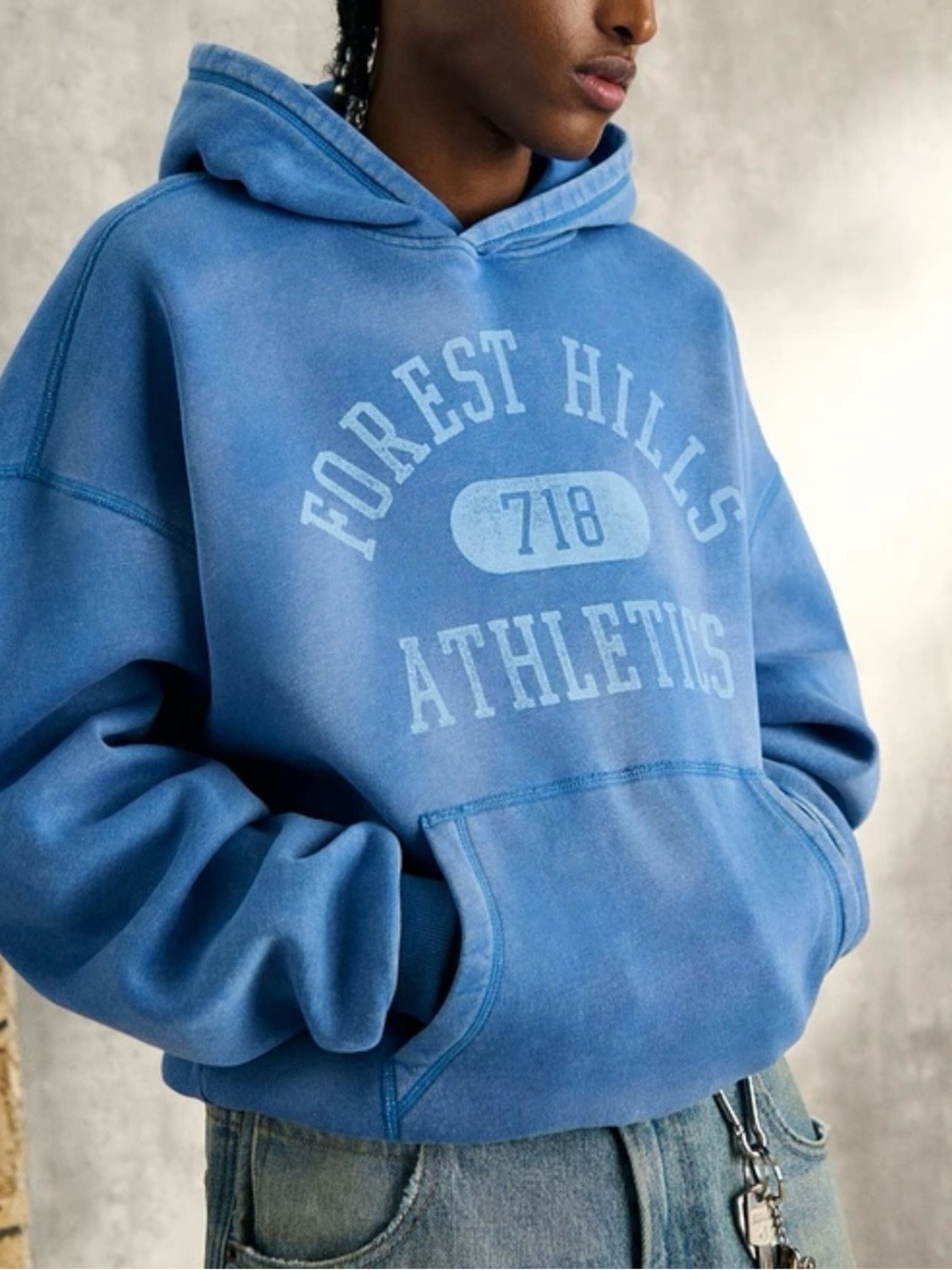 Hollister Baggy Cinch Washed Forest Hills Athletics Hoodie - Blue - L - Picture 2 of 9